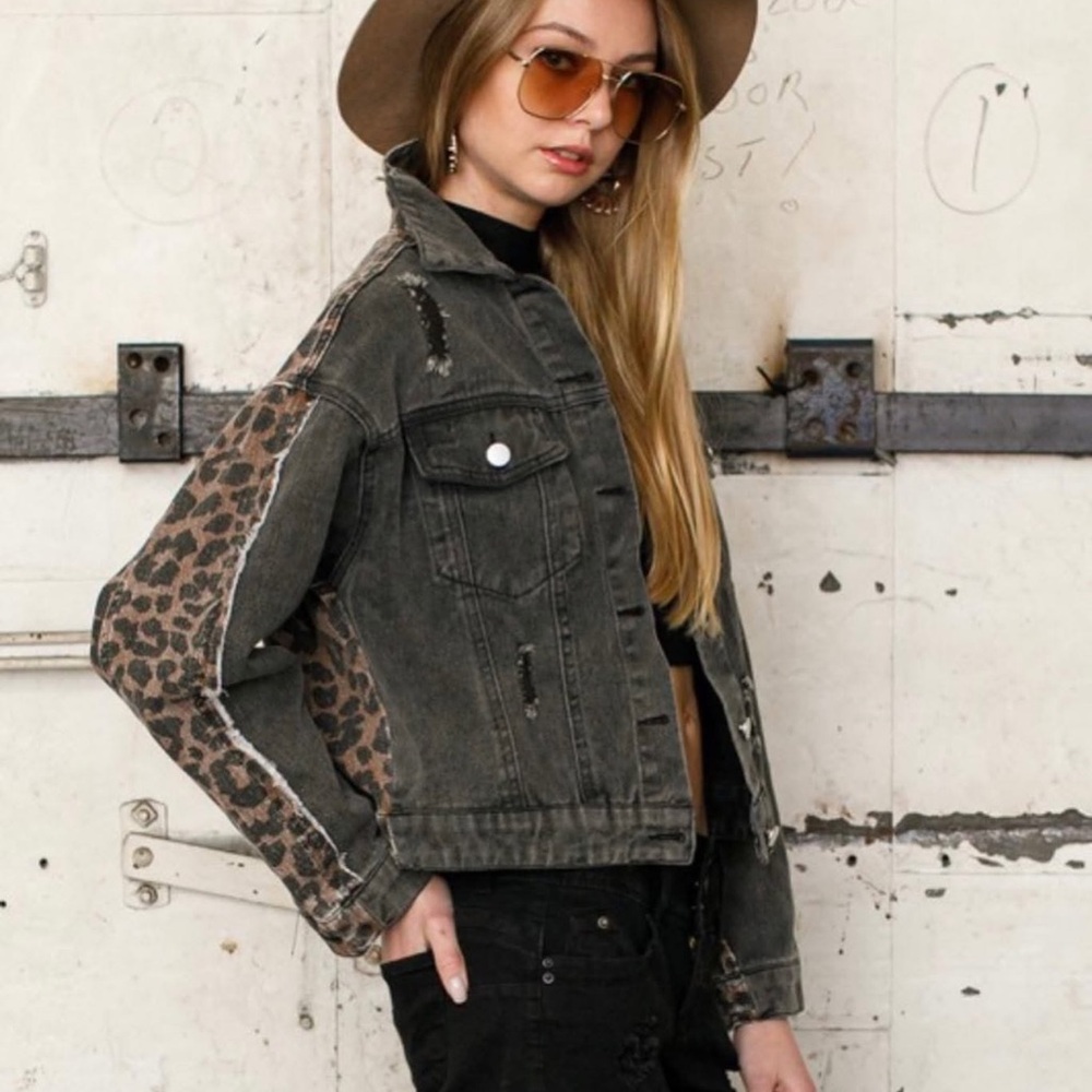 Blue B Collection Leopard Jean Jacket - Black